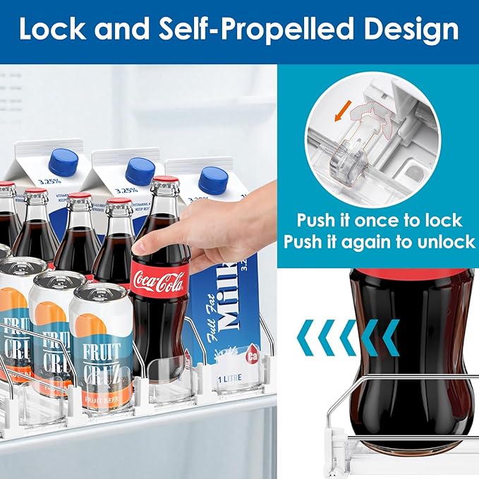 Drink Organizer for Fridge, Adjustable Width Soda Can Dispenser for Refrigerator Organizers and Storage, 5 Rows Beer Bottle Beverage Holder with Pusher Glide (16.54" L, White)