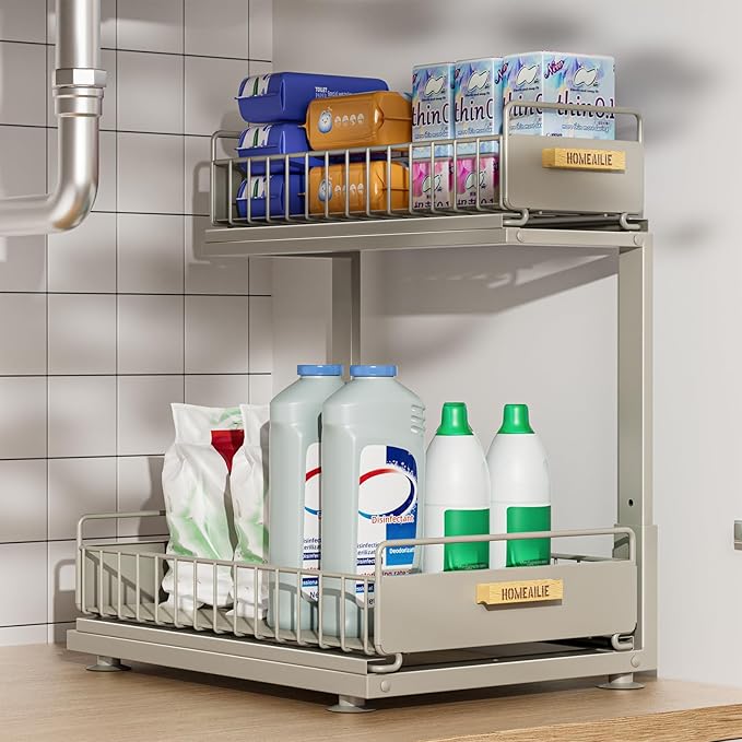 Under Sink Organizer, High Adjustable 2 Tier Under Kitchen Sink Organizer, Multi-Purpose Storage Shelf for Kitchen Bathroom Cabinet, Gray-NeatNest