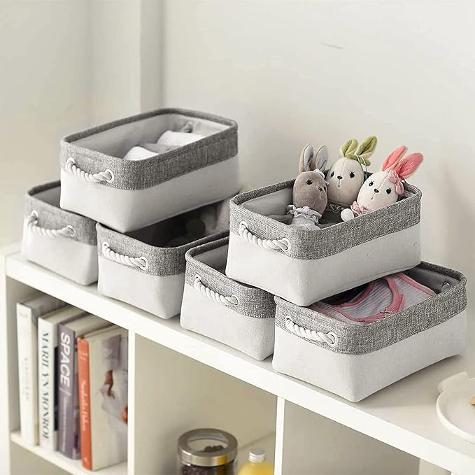 Basket for Organizing Cube Stgorage Bin - Small 6 Pack Fabric Storage Cubes Collapsible Baskets for Shelves with Rope, Bins for Organization Closet Cloth Toy Laundry Canvas (Grey&White 12x8x5.2 inch)-NeatNest
