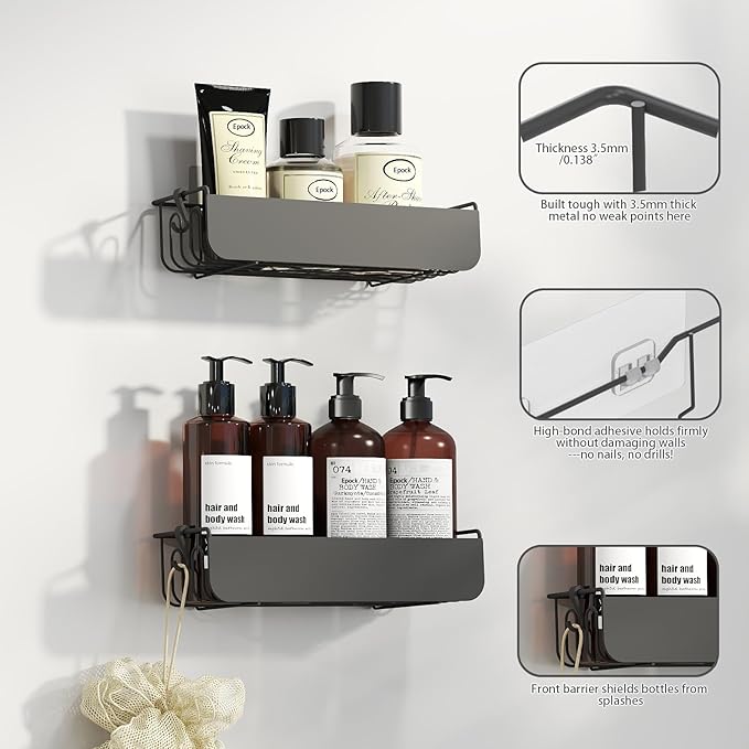 Epock Adhesive Shower Caddy Shelf Rack, 2 Pack No Drilling bathroom organizers for storage with 4 hooks, Black