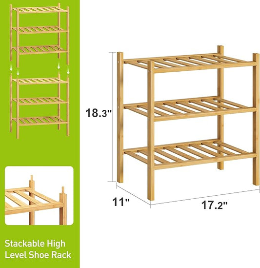 BMOSU 3-Tier Bamboo Small Shoe Rack Premium Stackable Shoe Shelf Storage Organizer for Hallway Closet Living Room Entryway Organizer (Natural Bamboo)-NeatNest