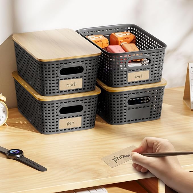 6-Pack Stackable Storage Bins with Bamboo Lids, Small 5 Qt Decorative Plastic Storage Baskets Boxes Containers with Labels for Organizing Shelves Classroom Closet Office Bathroom, Grey-NeatNest