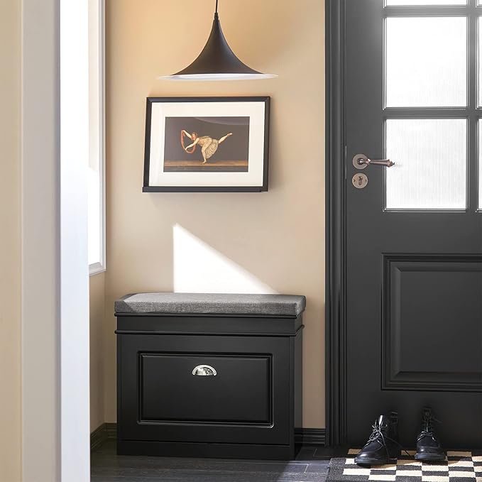 Haotian Black Hallway Shoe Bench, Narrow Shoe Rack Entryway, Small Shoe Cabinet with Flip-Drawer and Seat Cushion, FSR82-K-SCH-NeatNest