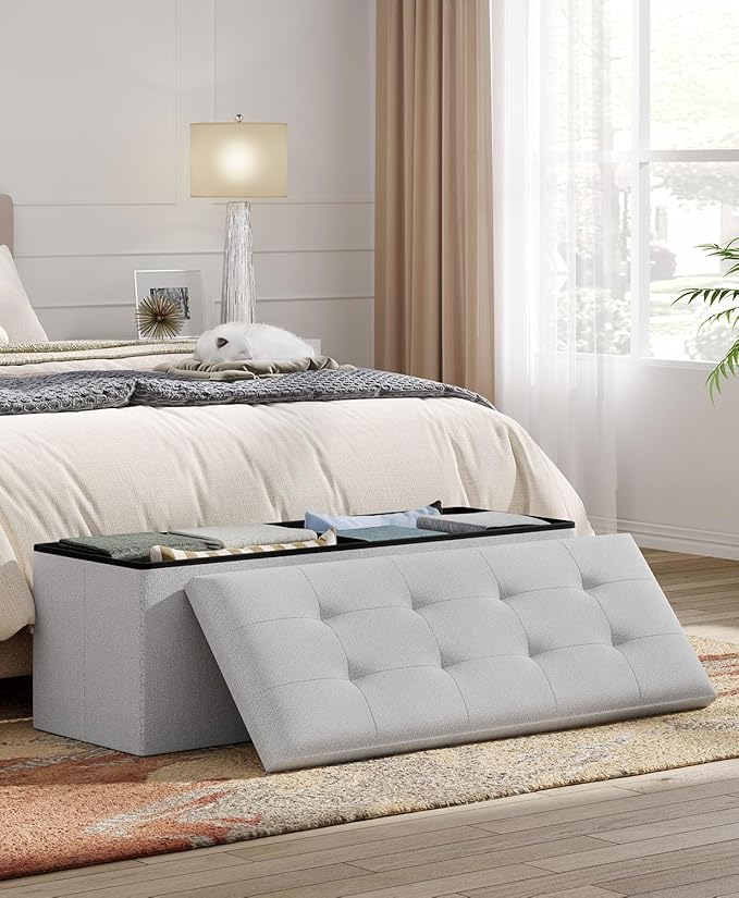 Folding Storage Ottoman Bench, Multi-Functional Ottoman Footrest, End of Bed Bench, Storage Chest for Living Room, Bedroom, Hallway, Entryway, Holds Up to 700 lbs (Light Gray, 43 Inches)