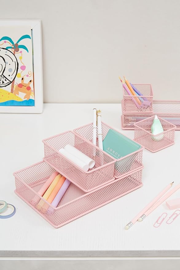 Annova Mesh Stackable Drawer Cabinet and Shelf Organizer Bins Storage Basket School Office Supply Holder Tray- Set of 2 (Light Pink, 6x6x2 Inch)-NeatNest
