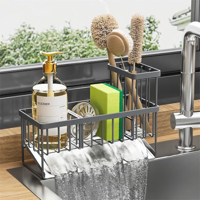 Cisily Sink Caddy Organzier with High Brush Holder, Sponge Holder for Sink, 304 Rustproof Stainless, Kitchen Countertop Soap Dispenser Organizer, Dark Gray Kitchen Decor and Accessories-NeatNest