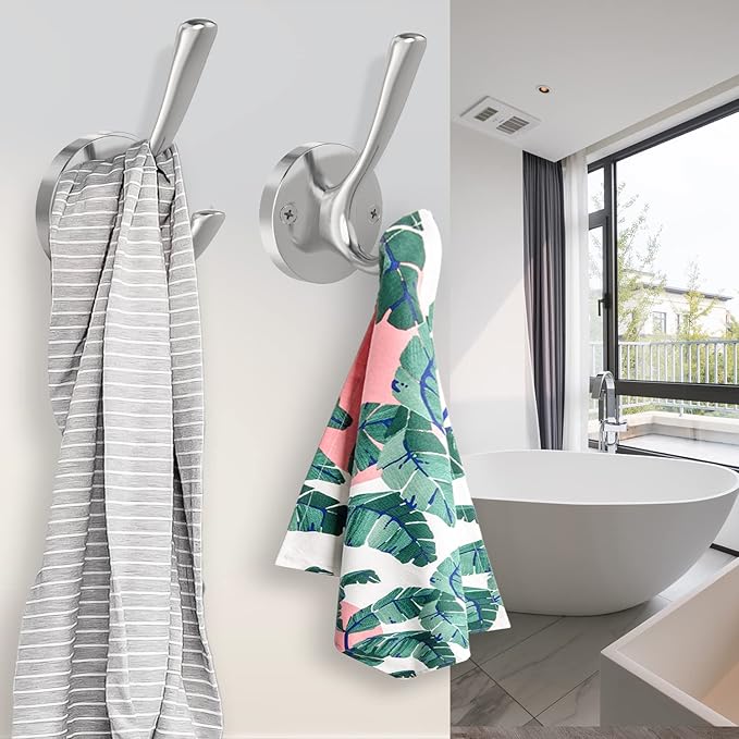 Brushed Nickel Wall Hooks, 6 Pack Coat Robe Hook Heavy Duty Metal Double Bath Hook Wall Mounted, Hand Towel Hooks for Cubicle Bathroom Kitchen Closet Garage-NeatNest