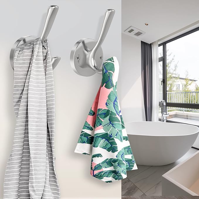 Brushed Nickel Wall Hooks Towel Hooks, 2 Pack Coat Robe Hook Heavy Duty Bathroom Double Hook Wall Mounted, Hand Towel Hooks for Closet Entryway Cubicle Kitchen-NeatNest