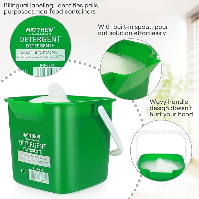 Matthew Detergent and Sanitizing Cleaning Bucket 3 Quart Plastic Pail,Set of 6 Square Containers,Built-in Spout w/Handle,Wash Rinse Sanitize Handwash Bucket for Home Office Commercial (Red&Green)