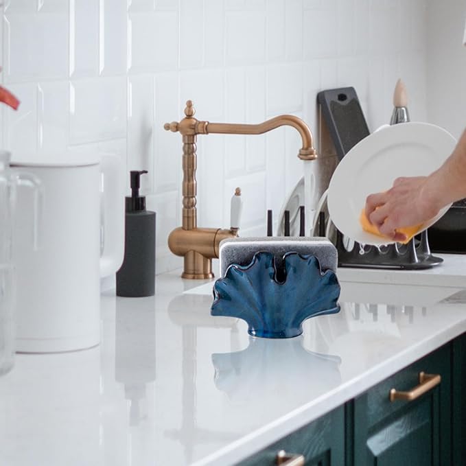 Ceramic Sponge Holder,Sponge Holder for Kitchen Sink,Compact Sink Caddy Organizer-Scouring Pad and Dish Sponge Holders,Farmhouse Kitchens Decor Cute Kitchen Gadgets Accessories(Blue)-NeatNest