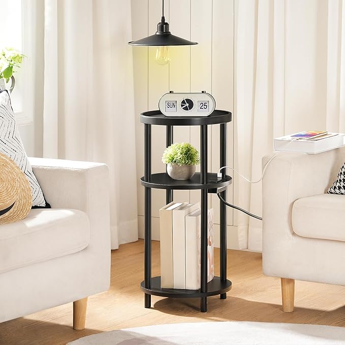 HOOBRO Set of 2 Small Round Side Tables with Charging Station, 3-Tier Round Bamboo End Tables, Easy Assembly, for Living Room, Bedroom, Apartment, Black BB152UBZP201