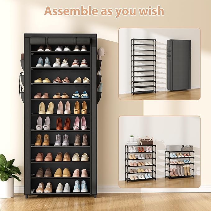VTRIN Vertical Narrow Shoe Rack Organizer Tall Shoe Rack for Closet Entryway 10 Tier Non-Woven Cover Shoe Shelf Holds 36-41 Pairs Free Standing Shoe Storage Cabinet with Dustproof Cover, Black-NeatNest