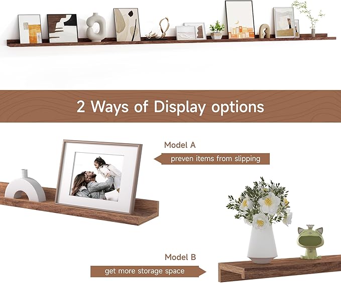 Floating Picture Ledge Shelves for Wall Set of 2, 95 Inches Picture Ledge Shelf with Long Large Nursery Book Shelf for Toys Storage Kids Bookshelf Wall Mounted Living Room Bedroom Decor Frames, Walnut-NeatNest