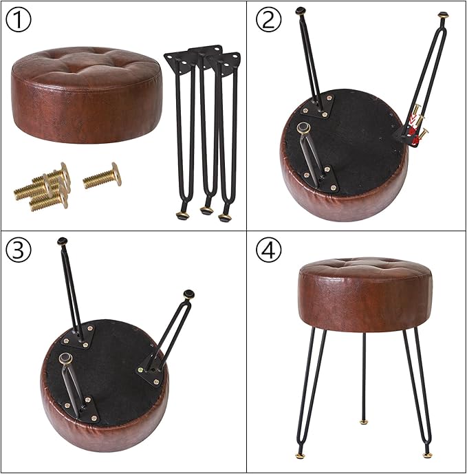 IBUYKE Faux Leather Round Footrest Stool, Makeup Vanity Stool Side Table, PU Dressing Table Seat, Pouf Couch Stool, Golden Steel Legs, Dark Brown LG-31Z