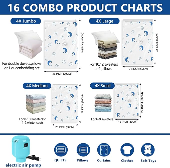 Vacuum Seal Bags for Clothing with Electric Pump,16 Pack Space Saver Bags (4 Jumbo, 4 Large, 4 Medium, 4 Small) Vacuum Storage Bags for Travel,Bedding,Blankets-NeatNest