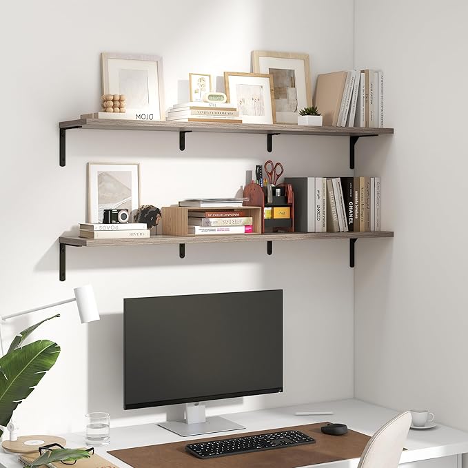 Fun Memories Deep Floating Shelves, 48W x 8D Floating Shelves Set of 2, Wall Mounted Shelf with Metal Brackets, Rustic Wood Wall Shelf for Bathroom, Kitchen and Living Room, Grey-NeatNest