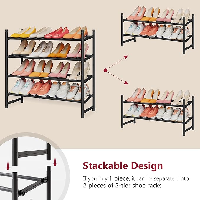 Tajsoon Expandable Shoe Rack for Closet 4 Tier, 29“-41“Adjustable & Stackable Shoe Shelf Storage, Metal Shoe Rack Organizer for Front Door Entrance, Closet, Garage, Entryway, Black-NeatNest