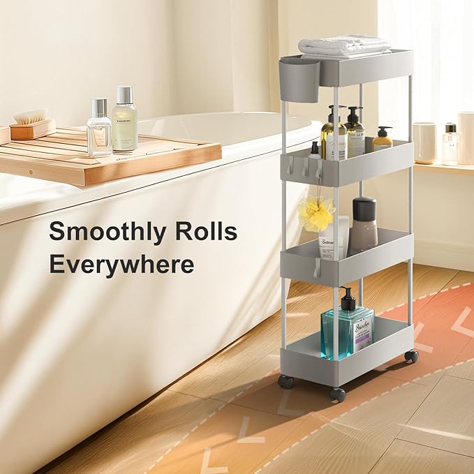 Pipishell Slim Storage Cart with Wheels, 4 Tier Bathroom Storage Organizer Rolling Utility Cart for Bathroom Kitchen Laundry Room Office Narrow Place (Gray)-NeatNest