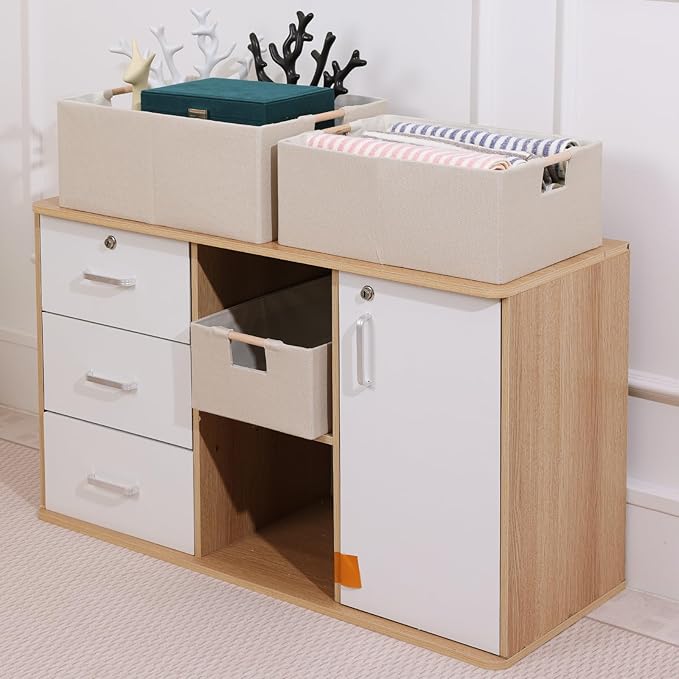 ANMINY 2PCS Storage Baskets for Organizing Collapsible Fabric Storage Bins Boxes with Wood Handles Closet Shelves Cube Organizer Bins Clothes Laundry Storage Container - Large, Beige-NeatNest
