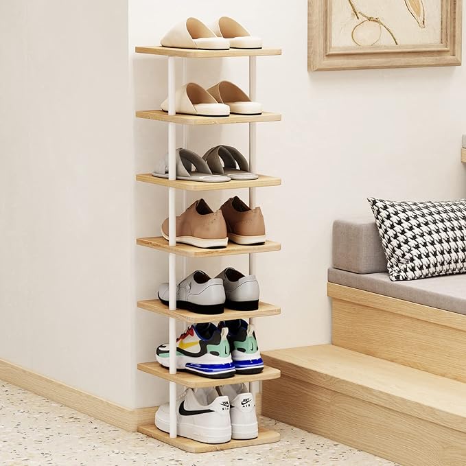AZERPIAN Shoe Rack 7 Tier Vertical Storage Organizer Narrow Metal Slim Shelf Modern Free Standing Shoe Tower Saving Space for Closet Entryway Bedroom,White-NeatNest