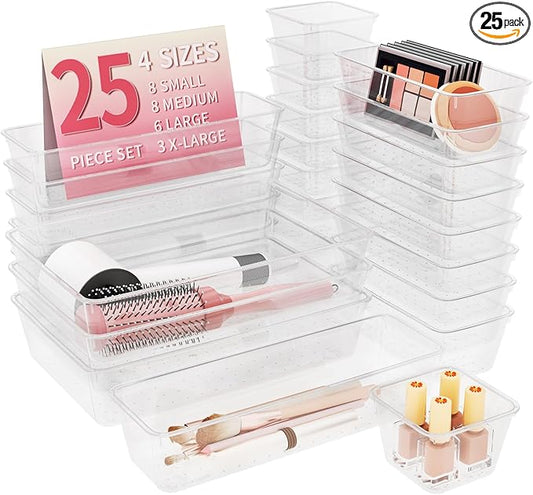 25 PCS Plastic Drawer Organizer Set, 4-size Clear Bathroom and Vanity Desk Drawer Organizer Trays, Non-Slip Versatile Storage Bins for Makeup Jewelry Office Kitchen Gadgets-NeatNest