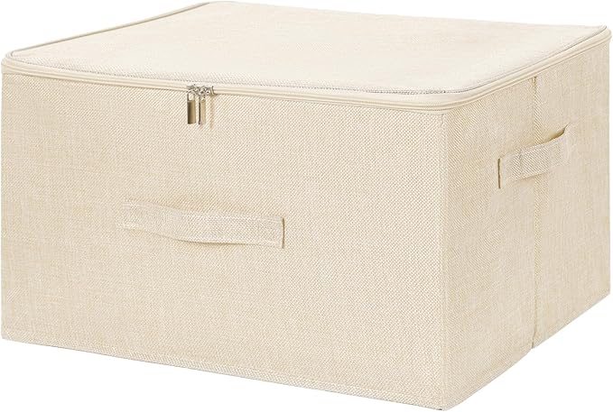 ANMINY 2PCS Storage Bins with Zipper Lids 51.9 Qt Lidded Fabric Storage Boxes Baskets Cubes with Handles Collapsible Washable Cotton Linen Closet Shelf Clothes Organizer - Beige, Extra Large-NeatNest