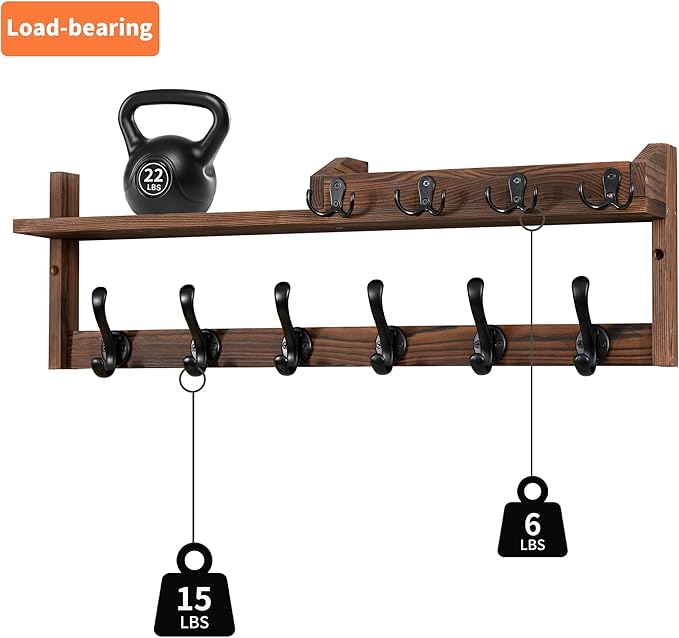 Coat Rack Wall Mount with Shelf, 27.5" Entryway Wall Hanging Shelf, Coat and Key Hanger with 10 Dual Hooks, Mail Organizer and Key Holder Hat Rack for Wall, Wood Coat Hooks with Storage-NeatNest
