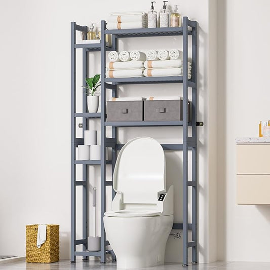 Homde Over The Toilet Storage with Basket and Drawer, Bamboo Bathroom Organizer with Adjustable Shelf & Waterproof Feet Pad, Space Saver Rack for Restroom, Laundry,Grey-NeatNest