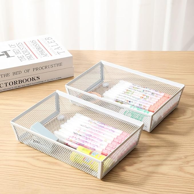 BYCY 4 Pack Silverware Drawer Organizer, Mesh Utensil Organizer for Kitchen Storage, White Steel Metal Mesh Tray for Flatware Fork Spoon Knife (9 x 6 x 2 Inch,White)-NeatNest