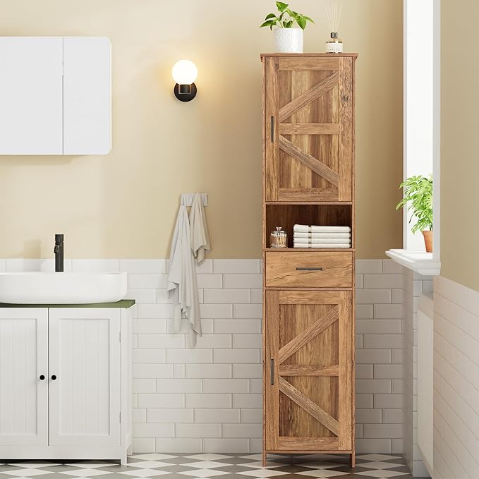 Homhedy 67" H Tall Bathroom Storage Cabinet with 2 Barn Doors and 1 Drawer, Narrow Storage Unit, Adjustable Shelves, Floor Cabinet for Bathroom, Living Room, Entryway, Kitchen, Rustic Walnut, (15.7"W)