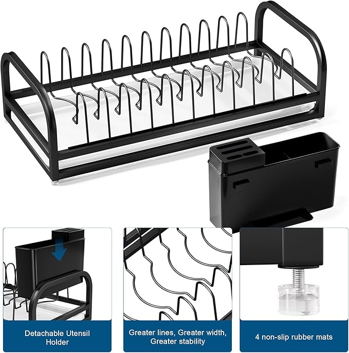 Dish Drying Rack Small for Kitchen Counter, 304 Stainless Steel Kitchen Organizer Rack w Cutlery Holder, Dish Drainer for Pots & Pans, Cutting Boards, Plates, Serving Trays & Lids (Black)