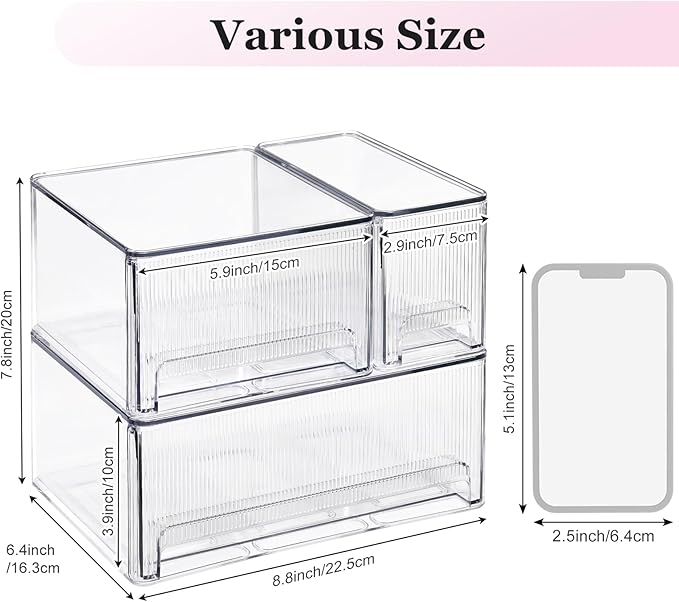 Clear Stackable Makeup Organizer, 3 Pack Plastic Drawer Storage with Handle for Vanity Bathroom Countertop, Transparent-NeatNest