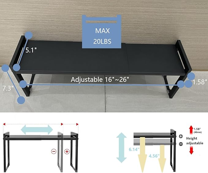 Expandable Cabinet Shelf Organizer 16-26" L Stackable Kitchen Counter Shelf Rack Stand Sink Riser Countertop Storage Black (Narrow 5.1”D)-NeatNest