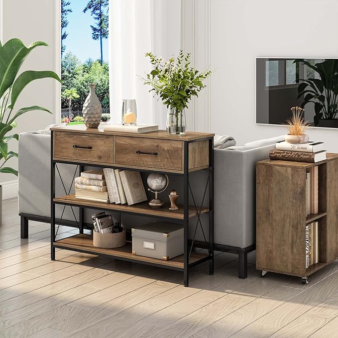 HITHOS Industrial Console Table with Drawers, Vintage Hallway Foyer Table with Storage Shelves, Narrow Long Sofa Entryway Table for Living Room, Rustic Brown-NeatNest