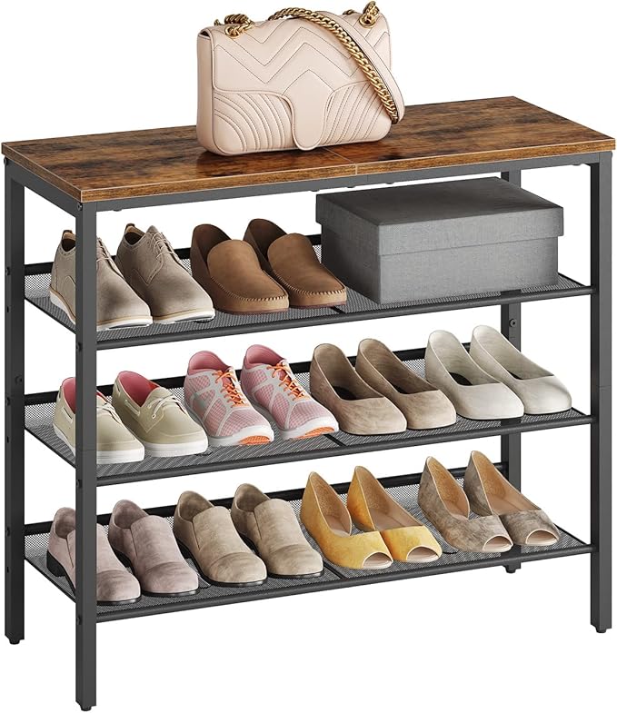 HOOBRO Shoe Rack for Entryway, 4-Tier Shoe Organizer with Adjustable Mesh Shelves, 12-16 Pairs of Shoes, Spacious Floor Mount, Metal, Industrial, Shoe Shelf for Closet, Rustic Brown BF42XJ01-NeatNest