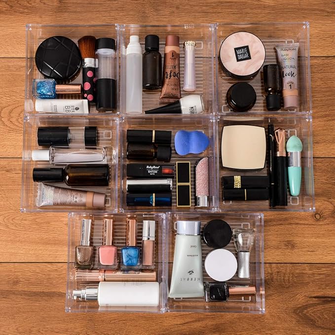 Backerysupply Clear Plastic Drawer Organizer Tray for Vanity Cabinet (6"×6"×2"，Set of 8),Storage Tray for Makeup, Kitchen Utensils, Jewelries, and Gadgets…-NeatNest