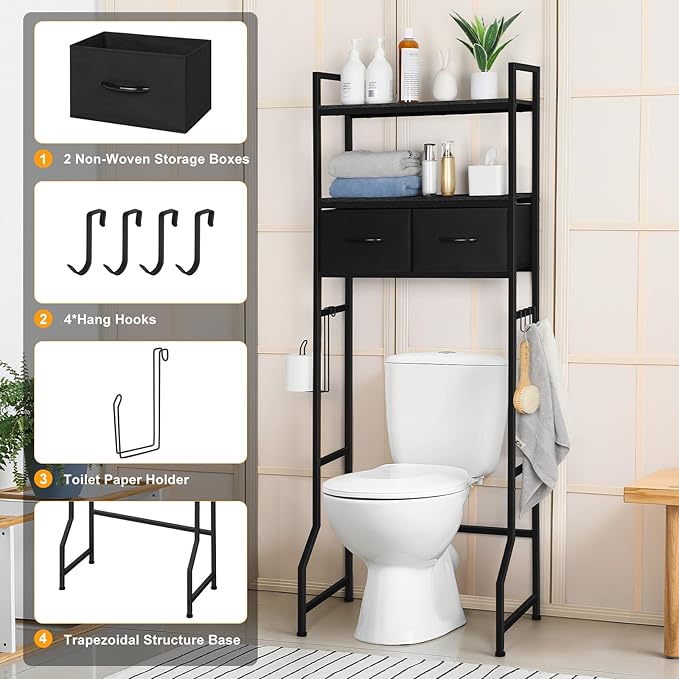 ETELI Over The Toilet Storage Bathroom Cabinet 3 Tier Freestanding Over Toilet Storage Cabinet Shelf Space Saving Behind Above Toilet Bathroom Organizer with Fabric Drawers, Black