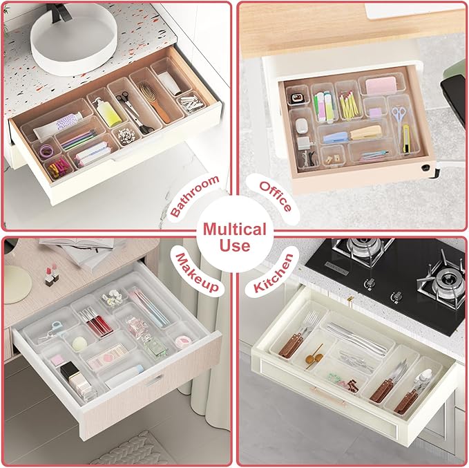 12 PCS Plastic Drawer Organizer Set, Sturdy 3-Size Makeup Vanity Desk Drawer Organizer Trays and Storage Bins for Cosmetics, Junk and Gadgets – Ideal for Bathroom, Bedroom, Office and Kitchen-NeatNest