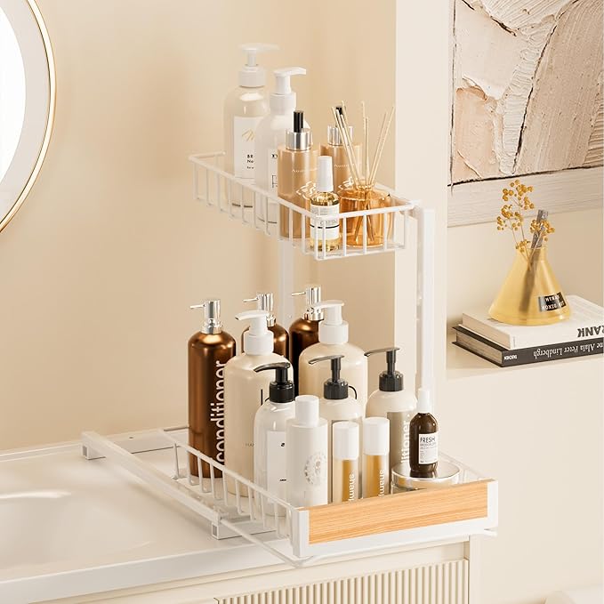 Delamu 2 Pack Under Sink Organizer and Storage, Height Adjustable Under Kitchen Sink Organizer, 2 Tier Pull Out Under Cabinet Organizer, White Under Counter Storage for Kitchen Bathroom-NeatNest