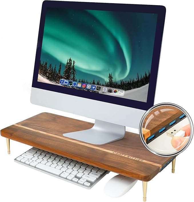 Monitor Stand Wood Riser with 4 USB Ports, Computer Monitor Stand with America Walnut Data Transfer Charging Hub -Compatible with Computer, Mac, PCs, Smartphone, 20.5*8.3in