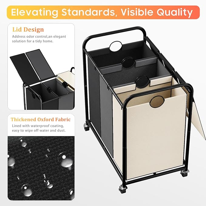 180L (47.55 Gal) Laundry Sorter 3 Section, Rolling Laundry Basket with Lockable Wheels and Lid, Laundry Hamper with 3 Separated Removable Bags Dirty Clothes Hamper for Laundry Room, Multicolor-NeatNest