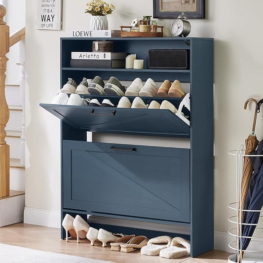 Shoe Storage Cabinet with 2 Flip Drawers,Farmhouse Narrow Shoe Organizer with Legs,Freestanding Hidden Slim Shoe Rack Cabinet with Open Storage for Entryway,Hallway, Foyer, Blue-NeatNest