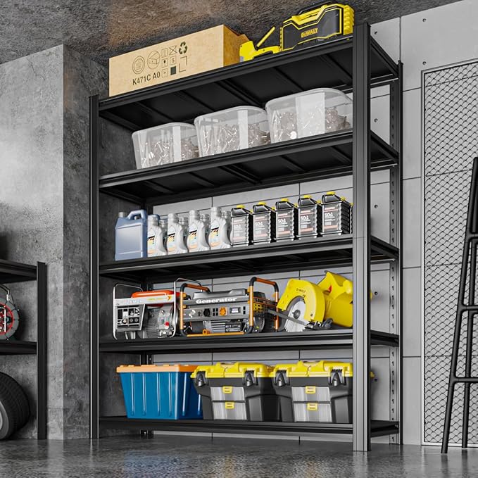 5 Tier Metal Shelving Unit 84" H x 48" W x 24" D, 3000LBS Adjustable Storage Shelves, Heavy Duty Garage Shelves for Warehouse, Basement, Kitchen, Pantry, Living Room, Black-NeatNest