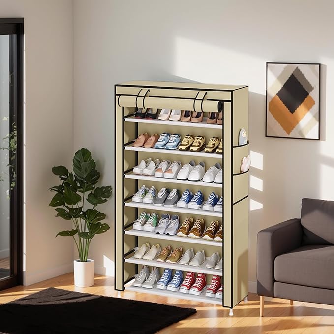 Laiensia 7-Tier Vertical Shoe Rack Organizer, Space Saving Shoe Storage Organizer, Non-Woven Cover Shoe Shelf Holds 28-35 Pairs for Bedroom, Hallway, Closet Entryway, Beige-NeatNest