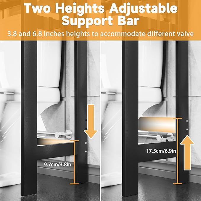 3 Tiers Over The Toilet Storage Shelf, Space Saver Bathroom Organizer Shelves with Toilet Paper Holder and Hooks, Freestanding Toilet Rack for Washroom Balcony (Black)