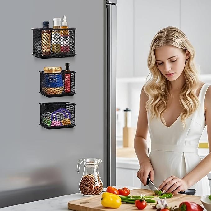 Black Magnetic Basket, Magnetic Organizer Holder Refrigerator Basket, Magnetic Baskets Heavy Duty, Magnetic Holder for Refrigerator Locker Whiteboard Office,Medium x1&Small x2 Set of 3-NeatNest