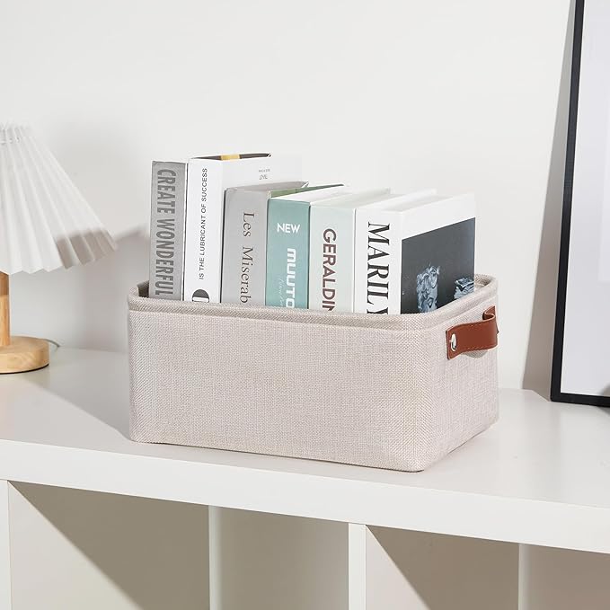 DULLEMELO Small Storage Basket for Shelves, Small Fabric Collapsible Rectangular Storage Bin for Shelves, Closets, Nursery, Home, Office, Empty Gift Basket (Beige)-NeatNest