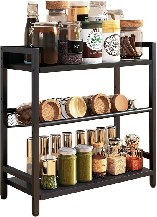 IBUYKE 3-Tier Spice Rack Industrial Counter Shelf Desktop Storage Organizer Standing Seasoning Rack for Countertop Kitchen Office Living Room Desktop Black UTLJ021B-NeatNest