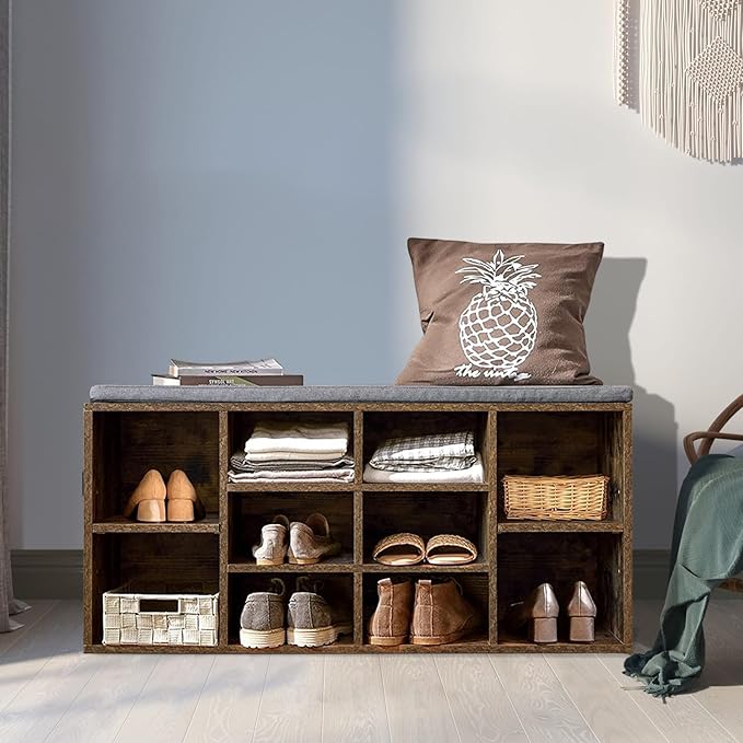 Shoe Storage Bench, Entryway Bench with Storage, 3-Tier Shoe Rack Bench 10 Cubbies Adjustable Shelves Shoe Organizer Shelf for Hallway Front Door Living Room Bedroom
