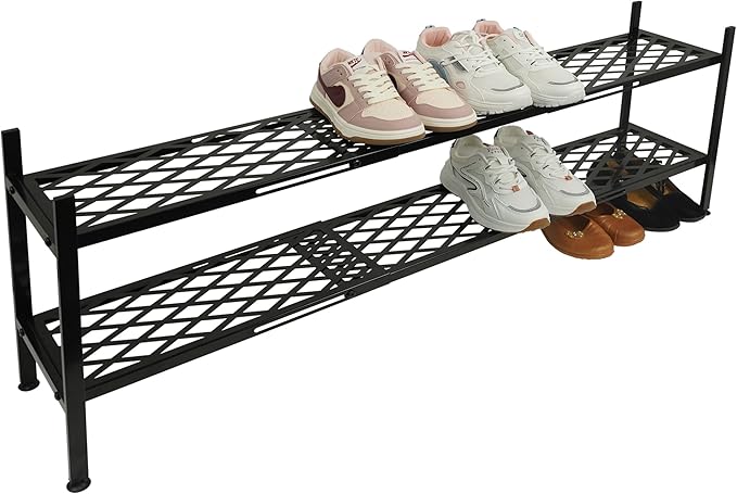 Shoe Rack for Closet, Expandable Shoe Organizer Metal Shelf Stand, 2 Tier Stackable Long Shoe Stand Holder for Floor, Entryway, Garage, Bedroom, Door Entrance for 12-18 Pairs, 45.6in Black-NeatNest